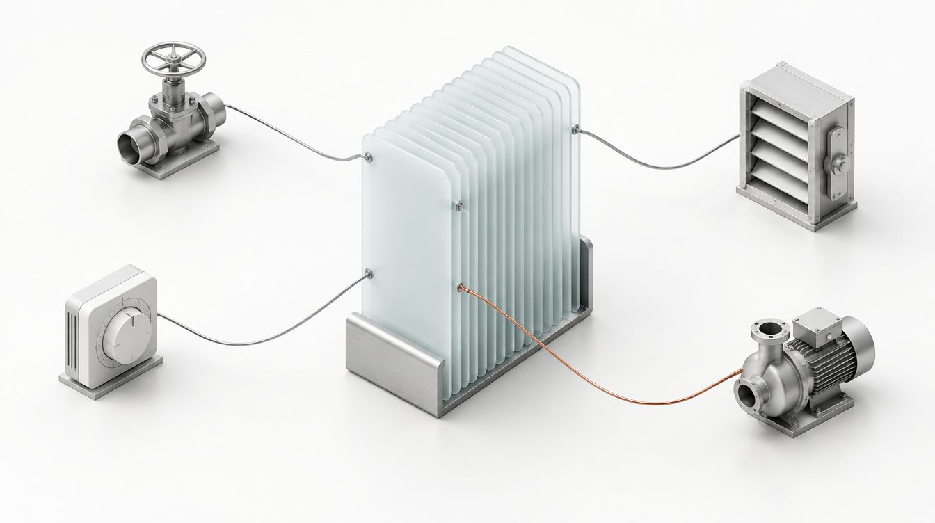 Ein Stapel gläserner Karten in einem Silberregal, Fäden führen zu Ventil, Thermostat, Klappe und Pumpe