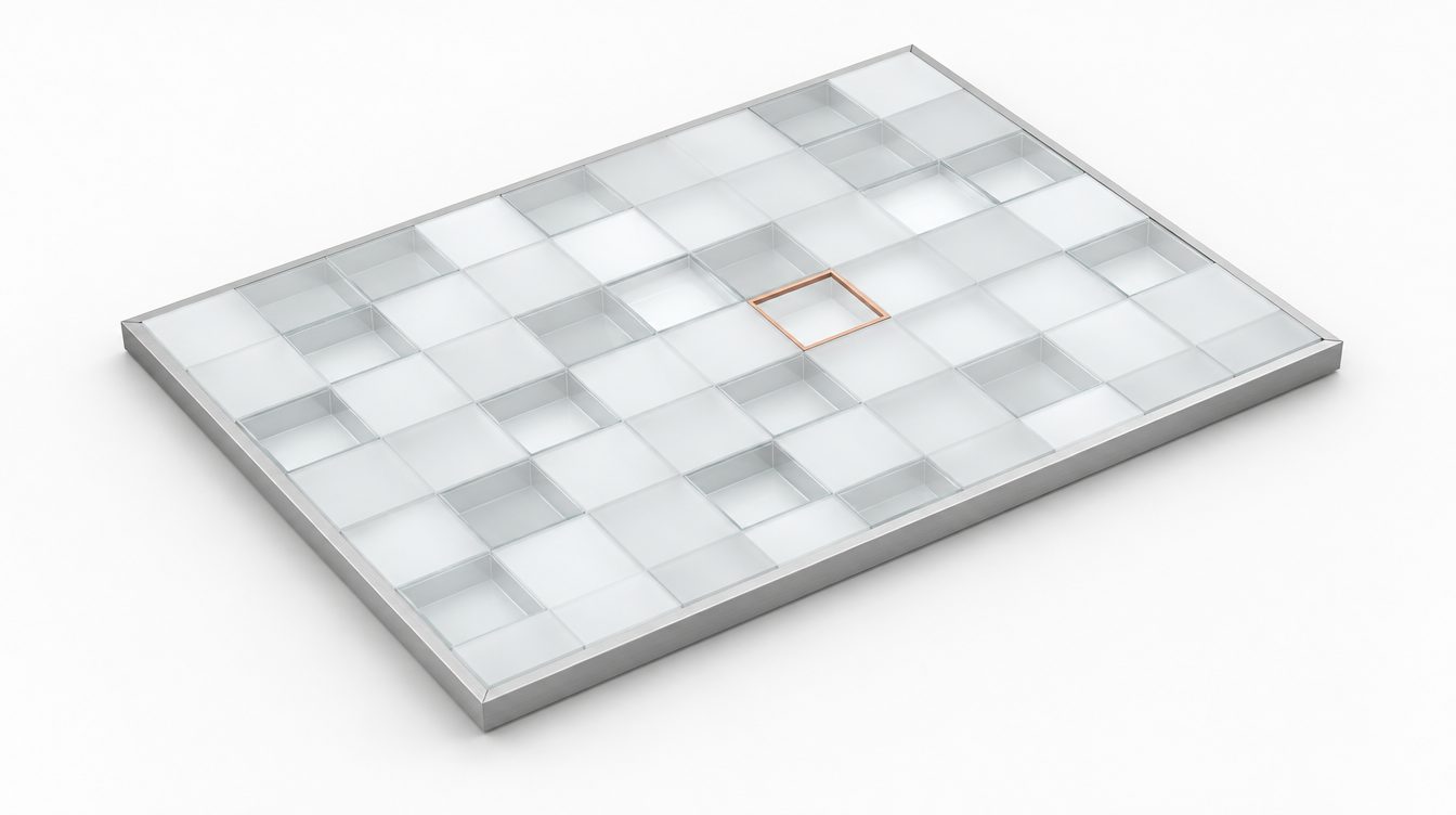 Eine gläserne Rastermatrix mit gefüllten und leeren Zellen, eine kupfern umrandet