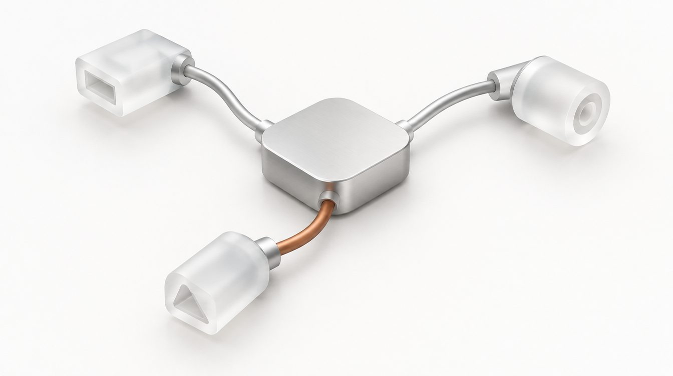 Drei unterschiedliche Glasstecker an einem Silberknoten, ein Kabel kupfern