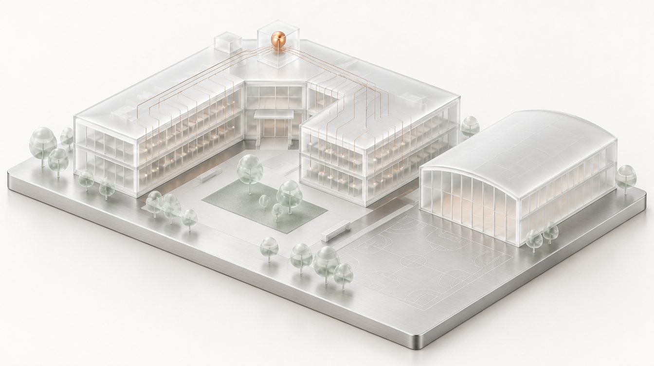 Glasmodell einer Schule mit Hof und Sporthalle, auf dem Dach ein Steuerwürfel mit Kupferlicht